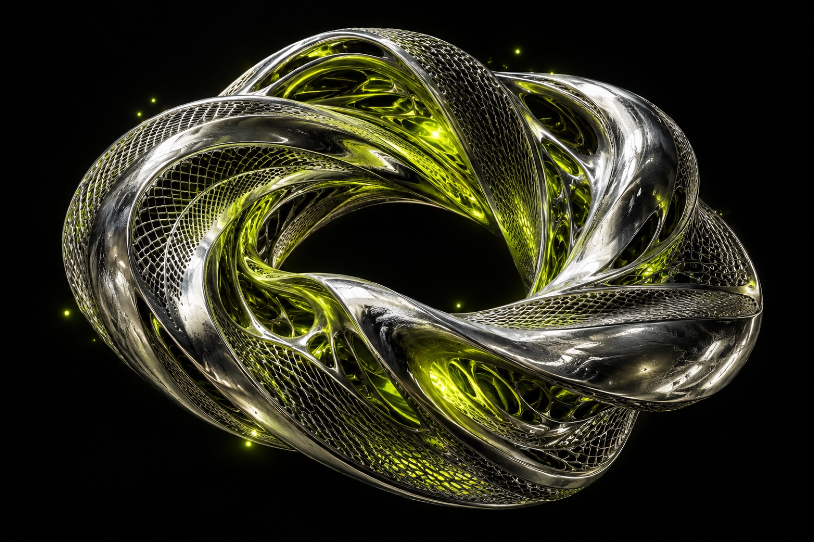 Abstract silver neural sculpture reflecting lime light